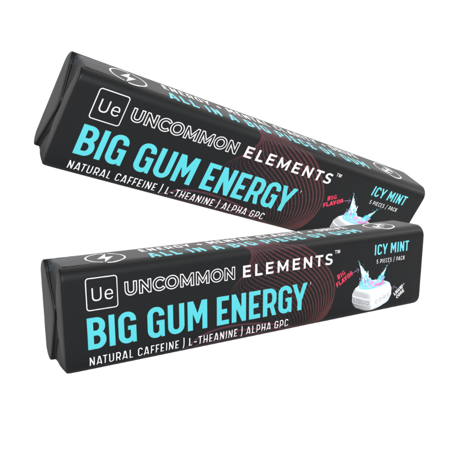 Big Gum Energy & Focus – 80mg Caffeine + 40mg L-Theanine + 80mg Alpha GPC – Nootropic Chewing Gum for Focus, Energy & Execution – ICY Mint – 10 Pieces (2 Pack) Gym & Work Execution.